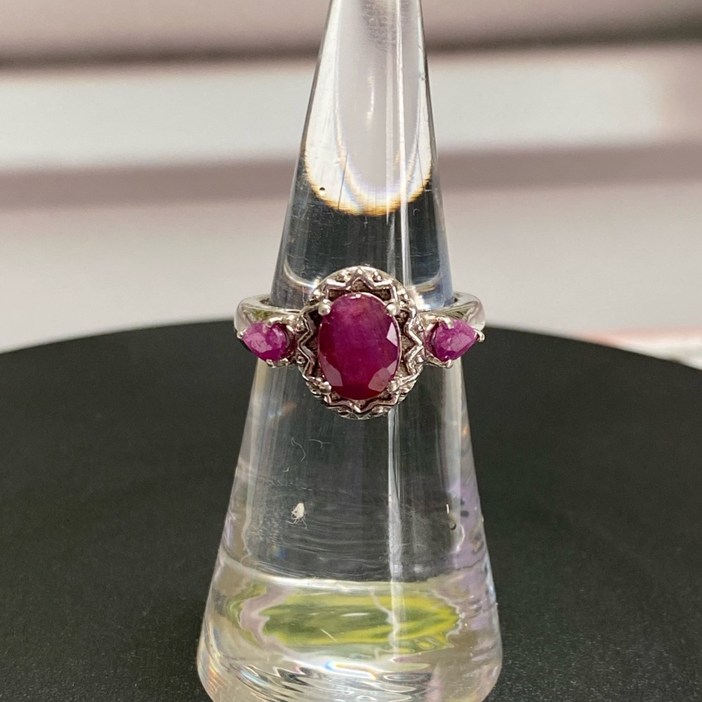 Genuine Ruby Ring Solid 925 Sterling Silver 3 Sto… - image 4